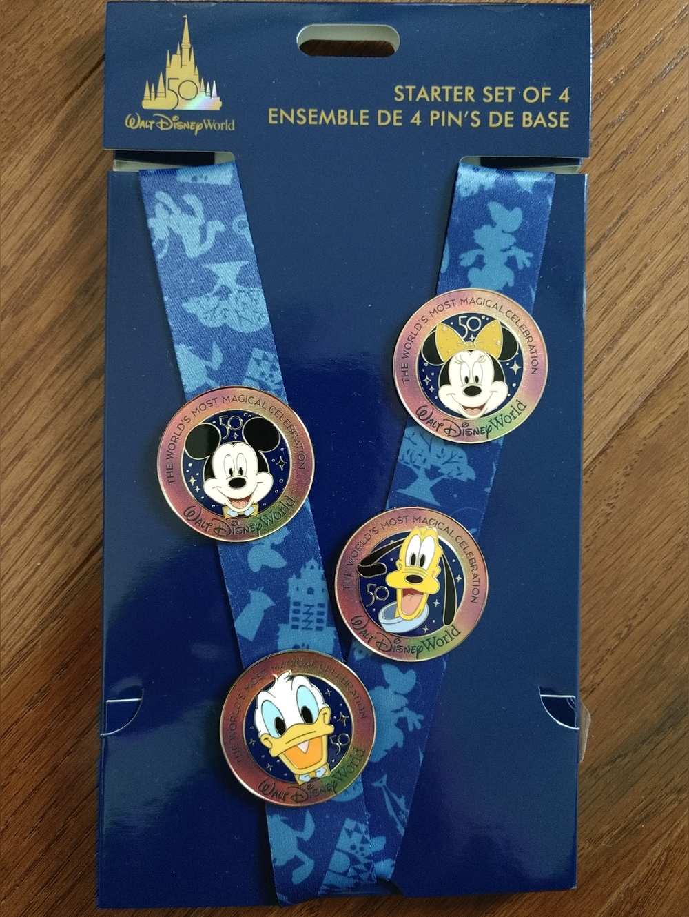 Disney Parks 50th Anniversary Starter Set of 4 Pins w/ Characters & Lanyard NEW